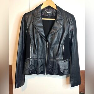 WHBM Women’s Size S Genuine Black Leather Moto Jacket with Cutout Hem